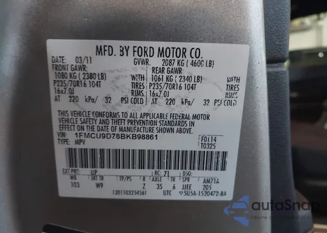 2011 Ford Escape Xlt from USA, damaged, VIN 1FMCU9D78BKB98861